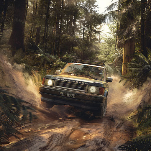 High-speed pursuit of a 1993 Range Rover as a rally car through a dense forest
