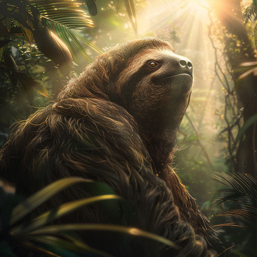 Giant sloth in a sunlit jungle with soft lighting