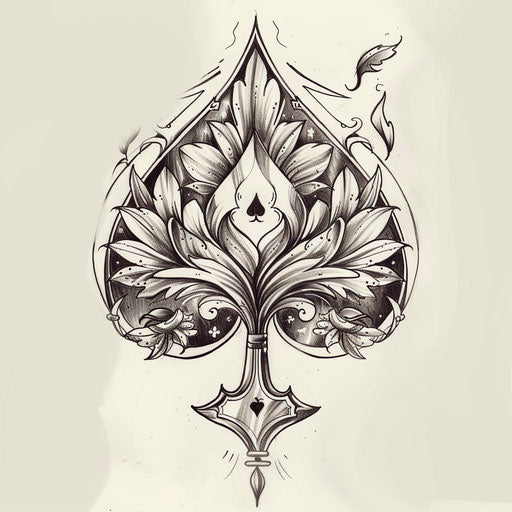 Whimsical spade tattoo sketch with fairy tale clipart elements