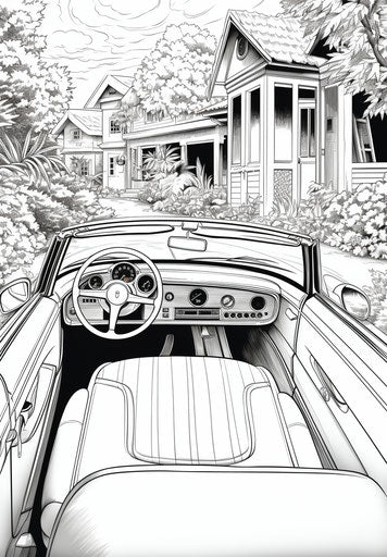 Car coloring page with doors open and sitting in the back