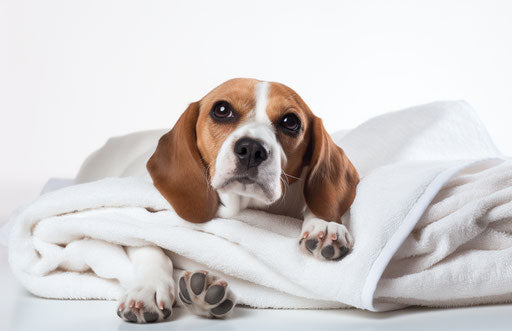 Beagle laying on its back on a towel, white background