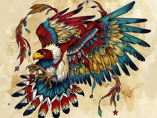 Indian tattoo designs in rustic Americana style, avian-themed, dark red and yellow