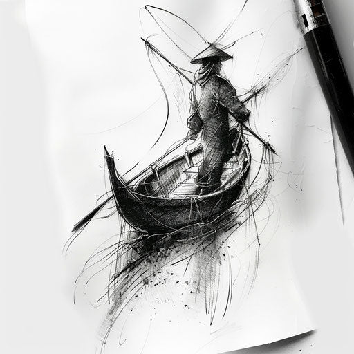 Elegant black and grey design of a fisherman in a boat