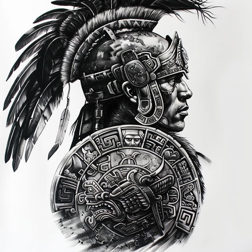 Detailed Aztec warrior tattoo in black and grey