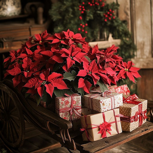 Vintage sleigh filled with poinsettias and wrapped gifts