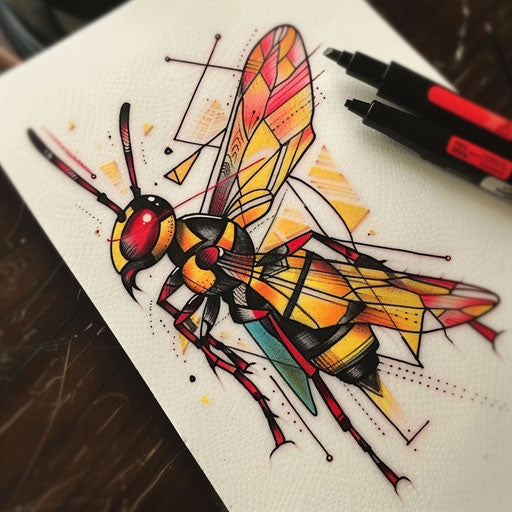Abstract sketch of a wasp with geometric patterns and bright colors