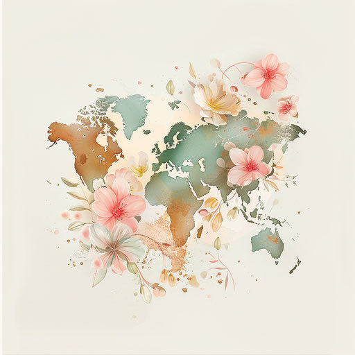 Elegant floral-inspired map with continents and islands forming a pastel bouquet