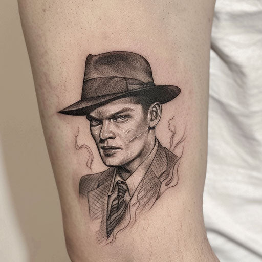 Black and grey ink tattoo of a classic gangster with a fedora hat on a white backdrop