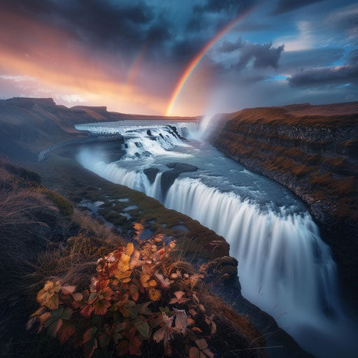 Gullfoss Falls, Iceland, with a rainbow arcing