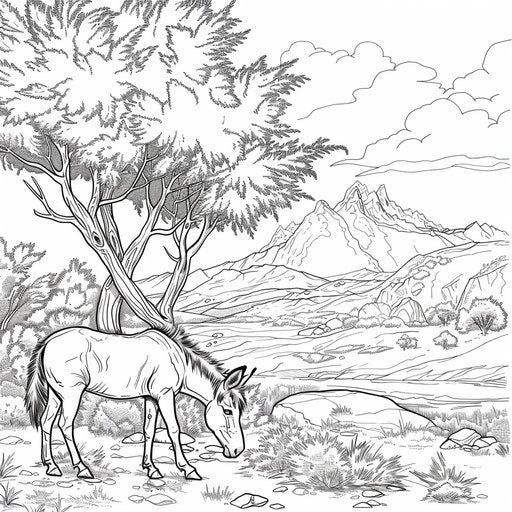 Donkey grazing under a tree with mountains in the background