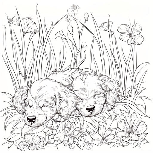 Minimalist puppies in a dreamy setting in the style of Ruben Ireland Coloring book page