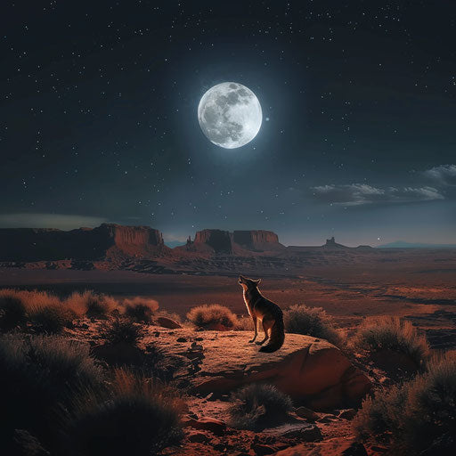 Howling coyote under full moon in a haunting desert