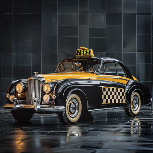 Vintage taxi with taxi light, checkerboard pattern, and classic fare meter