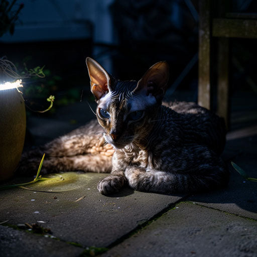Cornish rex cat lying outside at night