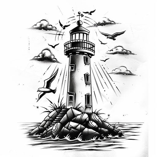 Bold black ink lighthouse sketch on white canvas