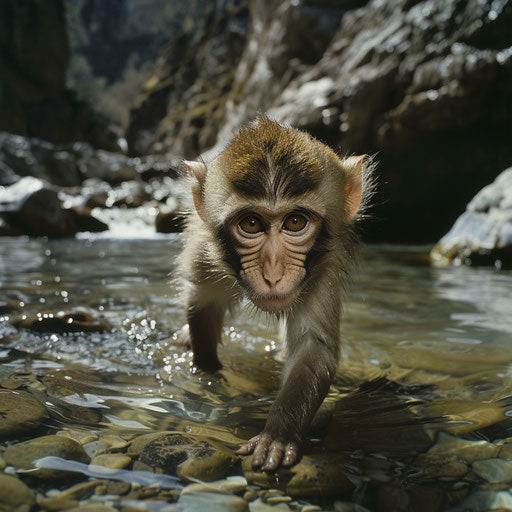 Rhesus monkey near a clear, flowing river