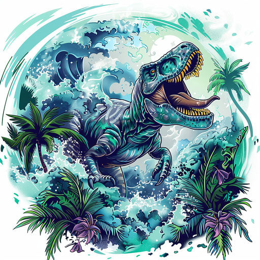 Exotic flat tattoo sketch of a T rex in a tropical storm