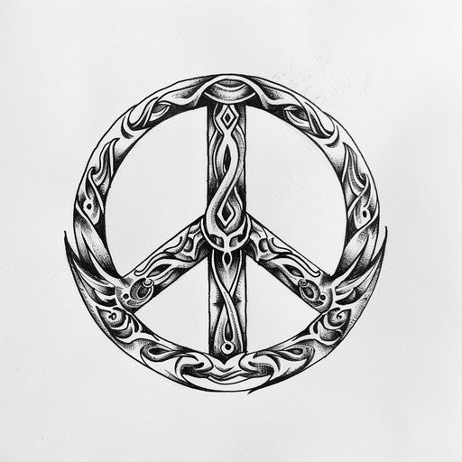 Traditional peace tattoo sketch with a detailed peace sign adorned with tribal patterns in black ink