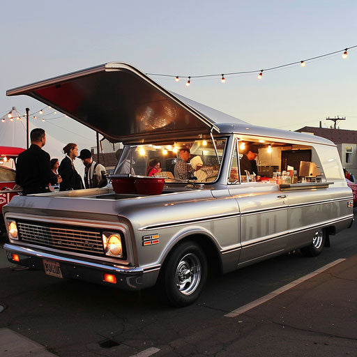 Vintage gourmet food truck at lively street food market