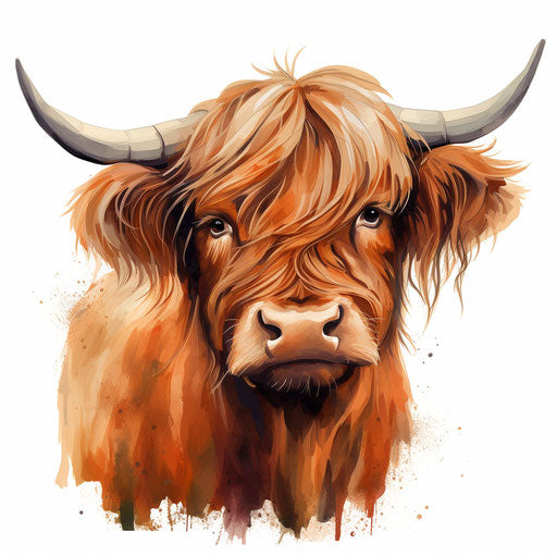 Highland cow in Oil painting style on white background