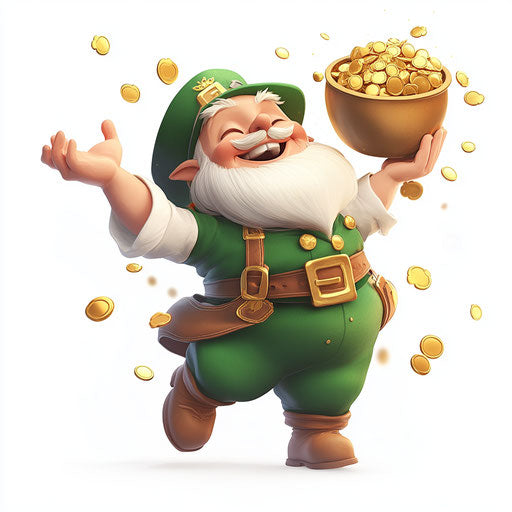 Leprechaun dancing with a pot of gold on white background, clipart style