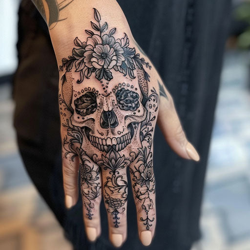 Skull hand tattoo in the style of Maria Sibylla Merian with intricate floral details