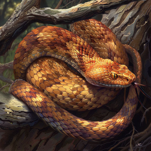 Coiled copperhead on a tree branch