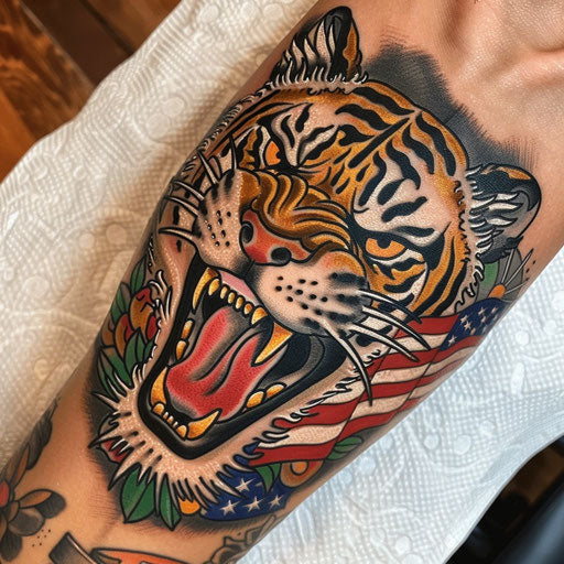 Powerful tattoo with classic Americana, Ed Hardy style