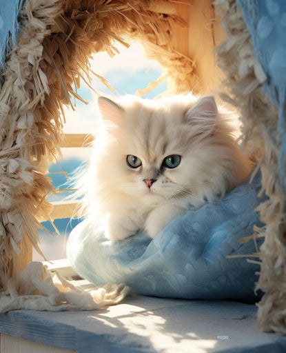 White kitten on a cat house, light beige and dark blue style