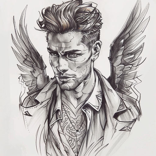Stylish flat tattoo sketch of Lucifer with chic attire