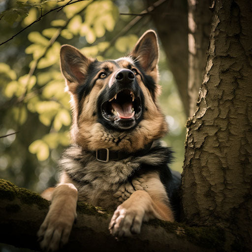 German shepherd dog hanging in tree with open mouth
