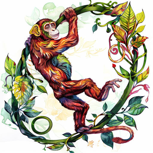 Playful monkey swinging on a vine in vibrant jungle