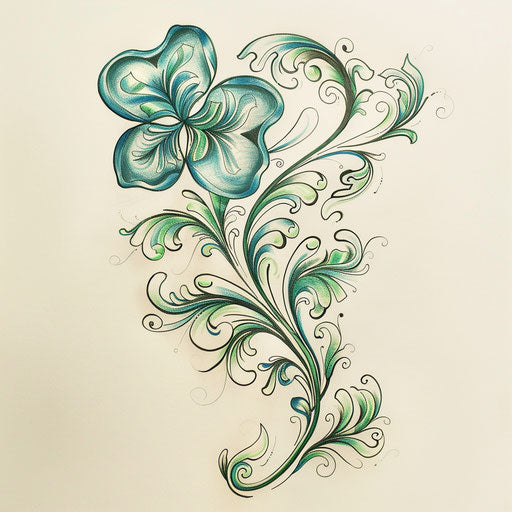 Dynamic sketch of a four-leaf clover with swirling wind elements in cool tones