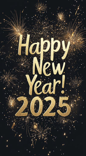 Happy New Year! Fireworks on black background 2025