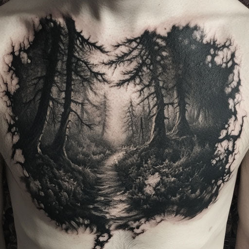 Haunted forest with shadows - chest piece tattoo