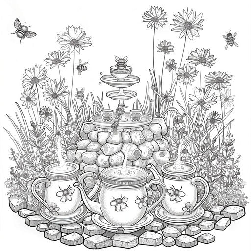 Whimsical scene: bees tea party in a garden