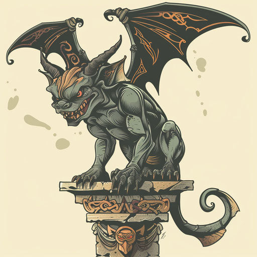 Flat tattoo sketch of a gargoyle with ancient symbols