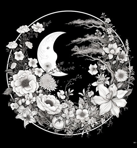Yin yang symbol with flowers in circle, aesthetic movement style