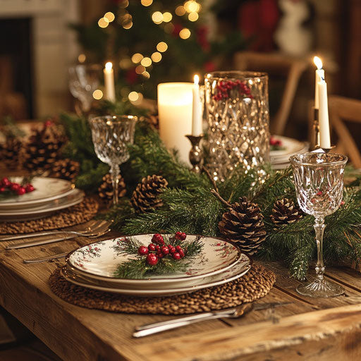 Rustic Christmas table with holly and candles