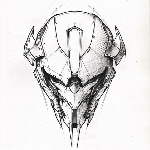 Futuristic spartan helmet tattoo sketch with sleek metallic accents