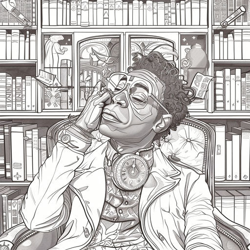 A whimsical representation of James Baldwin in a literary setting in the style of Teagan White, Coloring book page