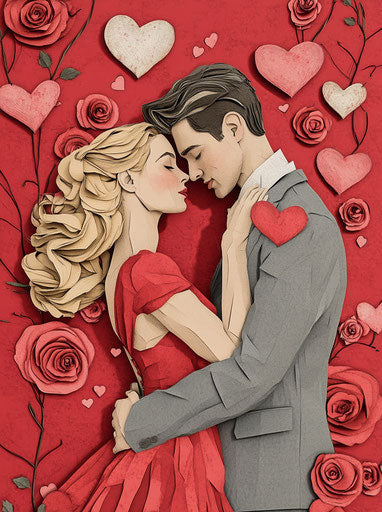 Valentine's Day, couple in love surrounded by hearts and roses