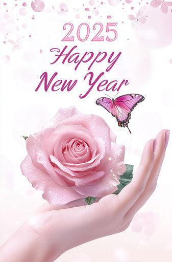 Pink rose and pink butterfly in hand with '2025'