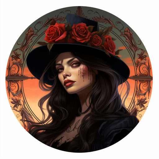 Woman in witch hat and roses, bold traditional tattoo style