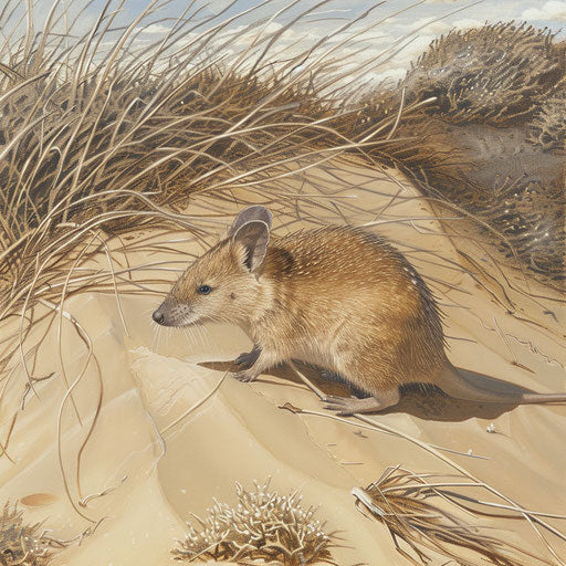 A northern brown bandicoot on a sandy dune, with coastal vegetation swaying in the breeze behind it.