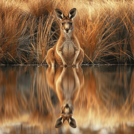 Red kangaroo with a reflection in calm water, surrounded by reeds
