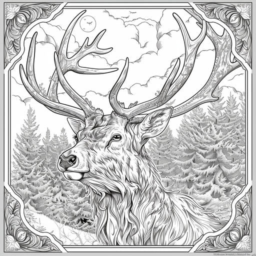 Detailed illustration of a majestic stag with intricate antlers and a forest background. Coloring book page