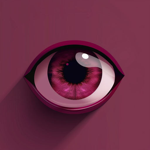 Realistic cartoon eyes in PNG on a flat, rich burgundy background, characterized by a luminous effect and deep saturation