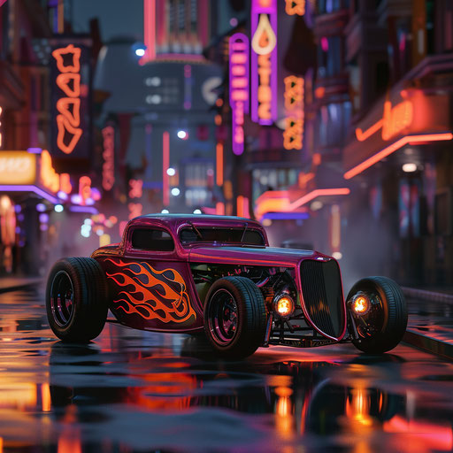 Deserted urban street at night, classic hotrod with flaming decals