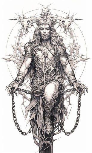 Crucified Jesus coloring page, Gerald Brom style, frontal view